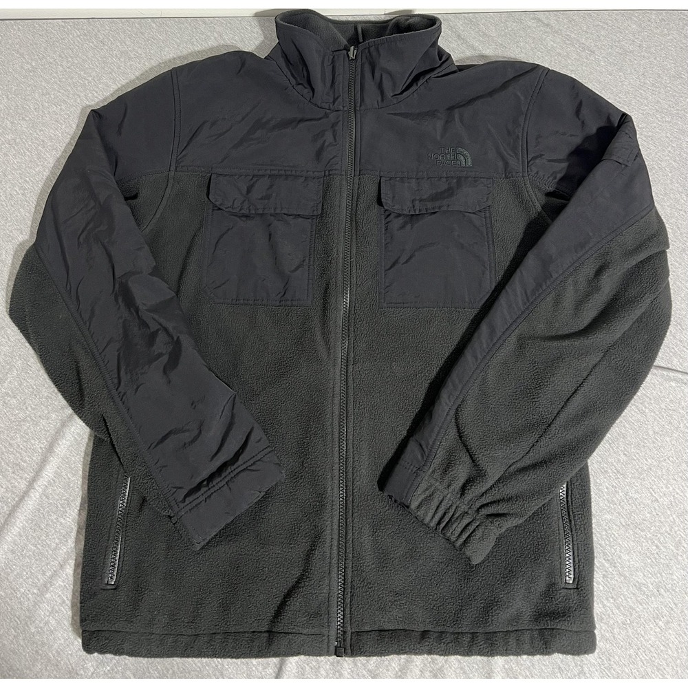 The North Face Fleece Jacket Mens Large Black Full Zip Chest Pockets Embroidered